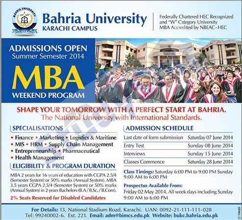 Admission in MBA at Bahria University Karachi