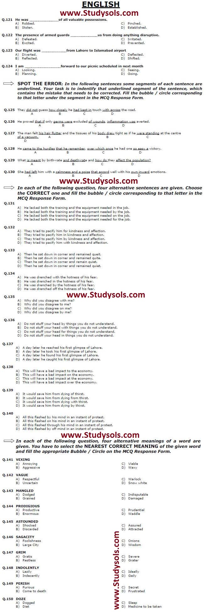 MCAT Entry Test MCQ’s For the Medical SAMPLE English