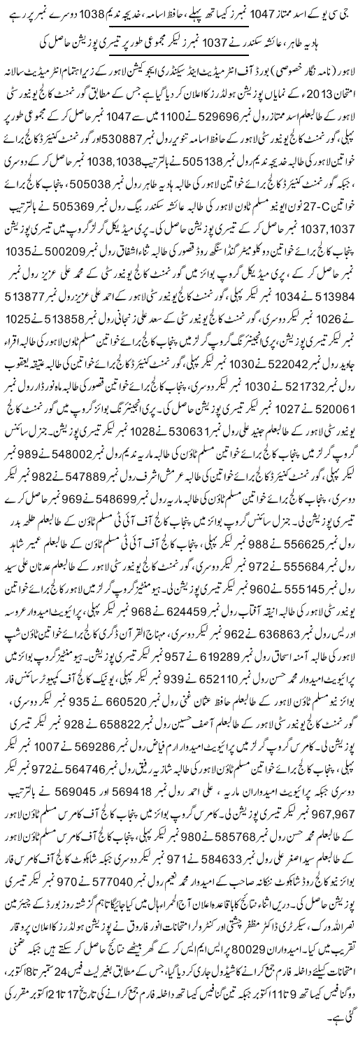 Lahore Board Inter Top Position Holders List