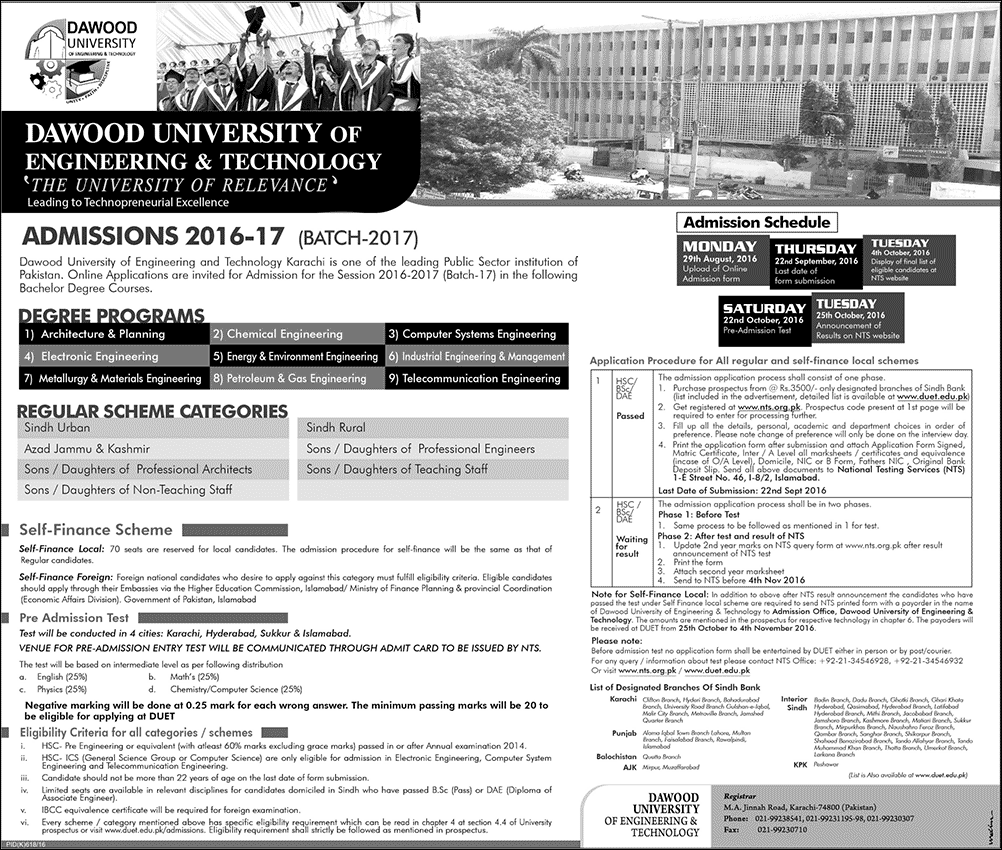 Dawood University of Engineering and Technology Admission 2016-17