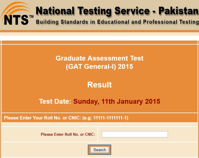 NTS GAT General-I Result 11 Jan 2015 - Graduate Assessment Test