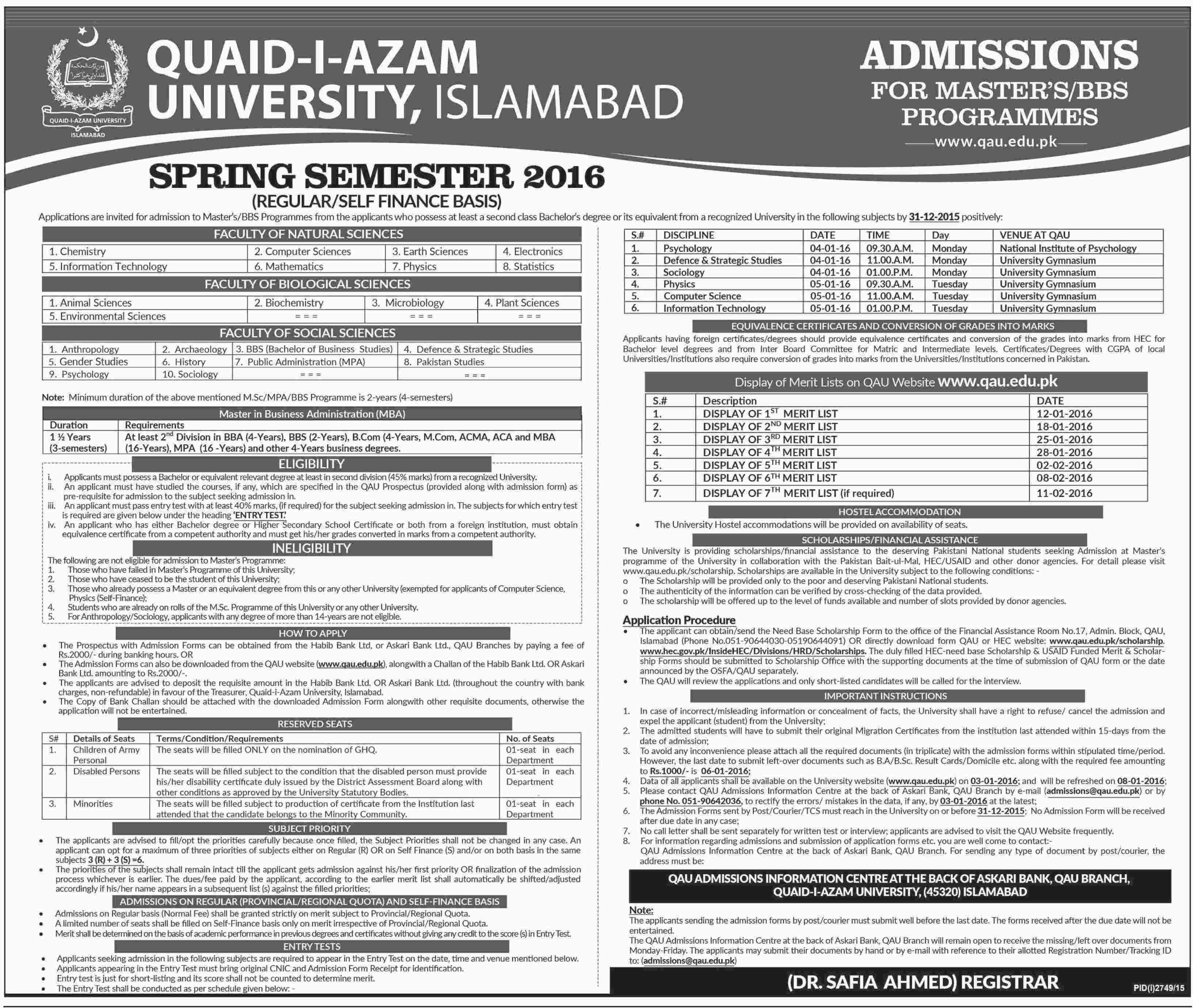 Quaid I Azam University Islamabad Spring Admission 2020 Merit Lists