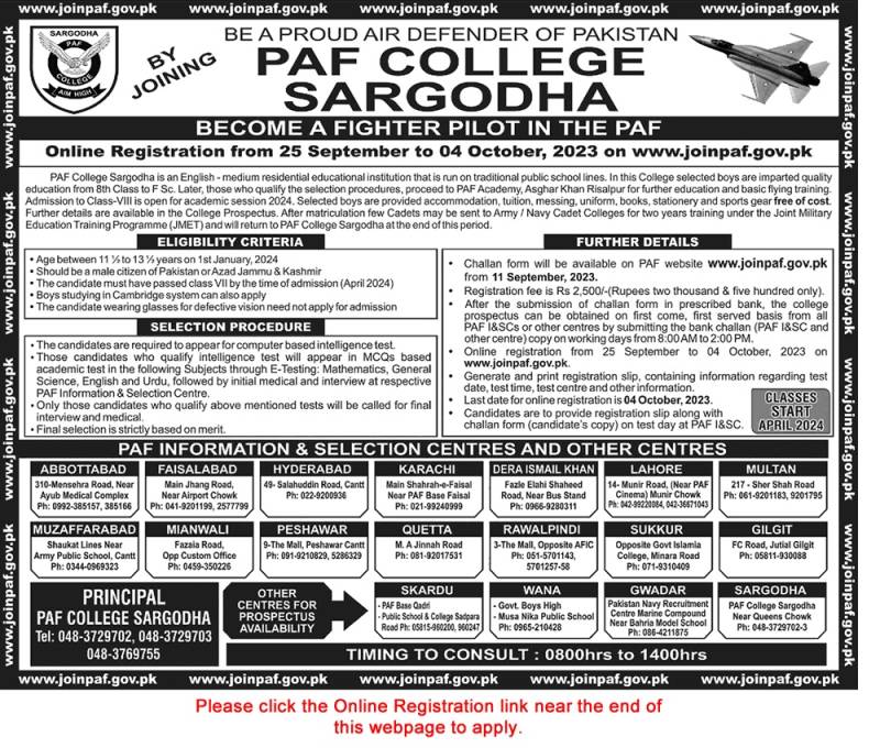 PAF College Sargodha Admission in 8th Class 2023